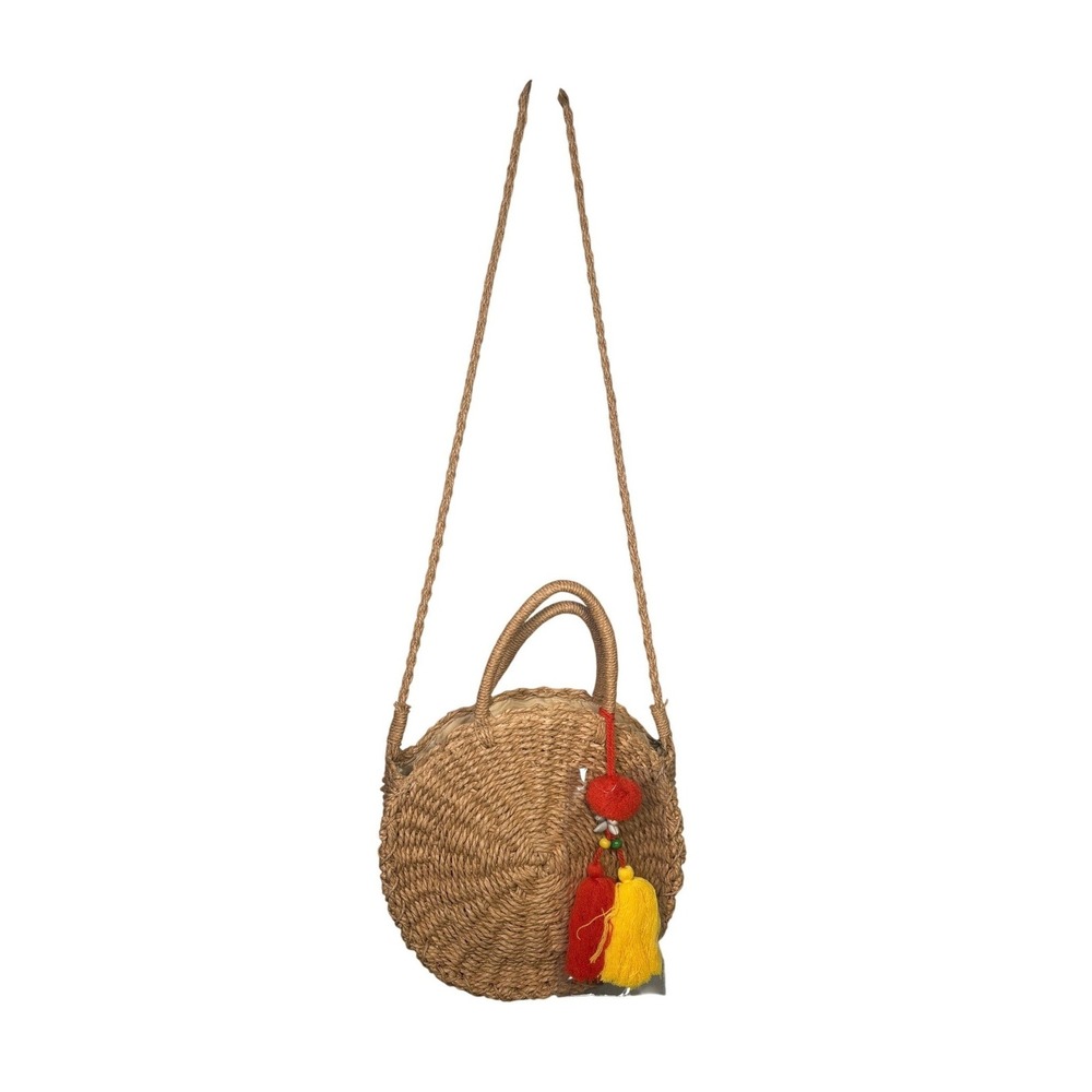 NWT Carlos by Carlos Santana Round Straw Crossbody Bag Tan Woven Tassel‎ New - Picture 4 of 9